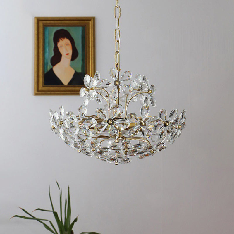 Vintage Brass Art Deco Hanging Chandelier Light Floral Clear Crystal Interior Drop Lamp Gold 23.5" Clearhalo 'Ceiling Lights' 'Chandeliers' Lighting' 2605300