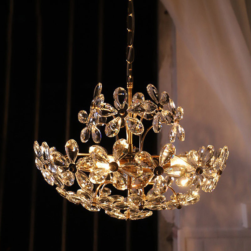 Vintage Brass Art Deco Hanging Chandelier Light Floral Clear Crystal Interior Drop Lamp Clearhalo 'Ceiling Lights' 'Chandeliers' Lighting' 2605301