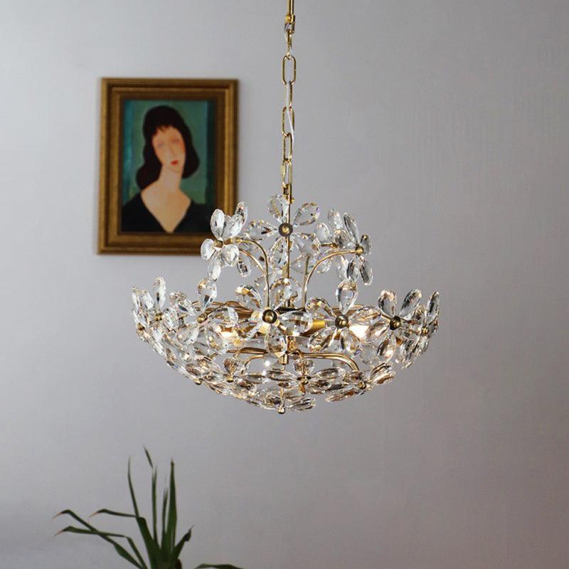 Vintage Brass Art Deco Hanging Chandelier Light Floral Clear Crystal Interior Drop Lamp Clearhalo 'Ceiling Lights' 'Chandeliers' Lighting' 2605303