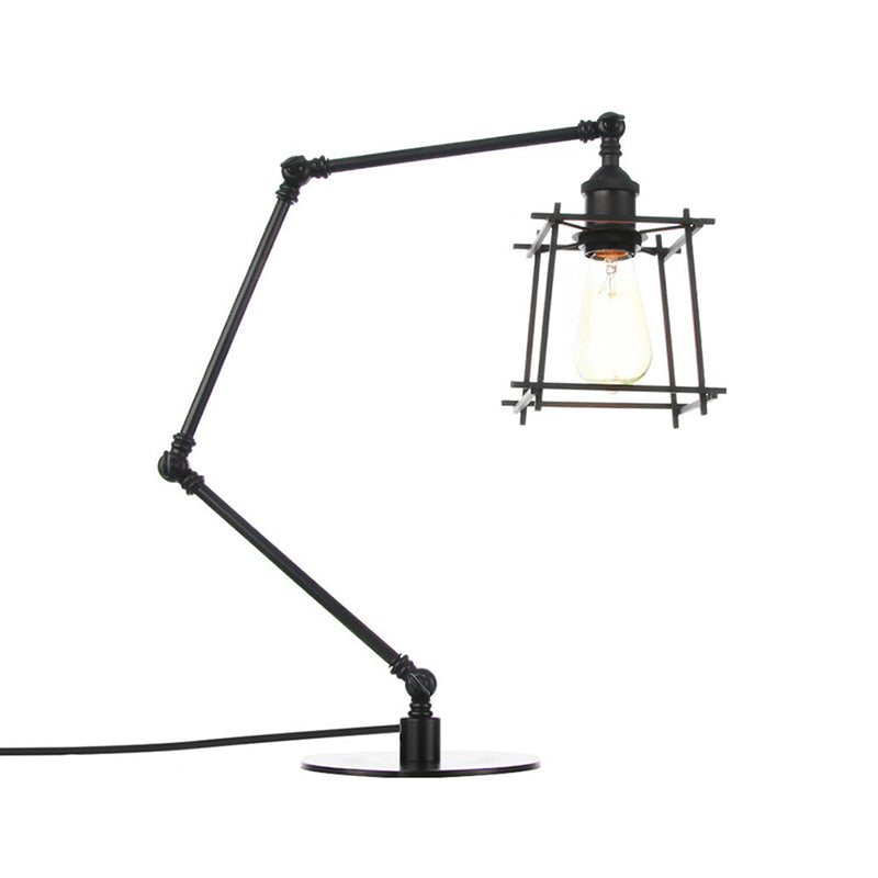 Metal Trapezoid Cage Table Lamp Vintage Style 1 Head Black/Brass Finish Table Lighting with Adjustable Arm Clearhalo 'Lamps' 'Table Lamps' Lighting' 260531