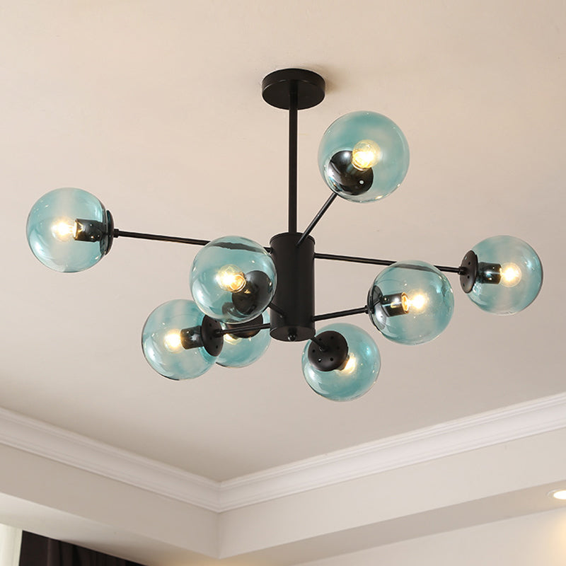 Modern Metal Hanging Chandelier Light Spherical Glass Shade Suspension Light in Black for Bedroom 8 Black Blue Clearhalo 'Ceiling Lights' 'Chandeliers' Lighting' 2605312