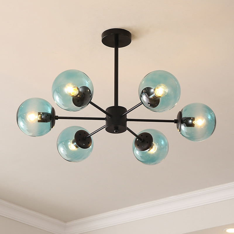 Modern Metal Hanging Chandelier Light Spherical Glass Shade Suspension Light in Black for Bedroom 6 Black Blue Clearhalo 'Ceiling Lights' 'Chandeliers' Lighting' 2605313