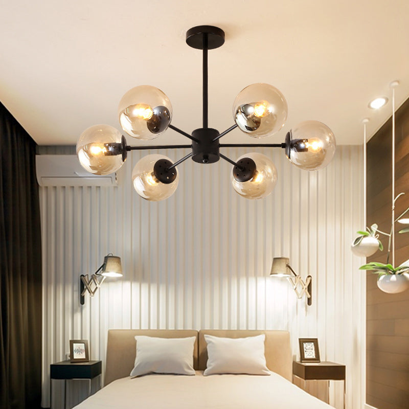 Modern Metal Hanging Chandelier Light Spherical Glass Shade Suspension Light in Black for Bedroom Clearhalo 'Ceiling Lights' 'Chandeliers' Lighting' 2605314