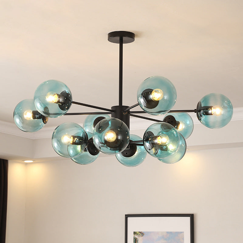 Modern Metal Hanging Chandelier Light Spherical Glass Shade Suspension Light in Black for Bedroom 12 Black Blue Clearhalo 'Ceiling Lights' 'Chandeliers' Lighting' 2605317