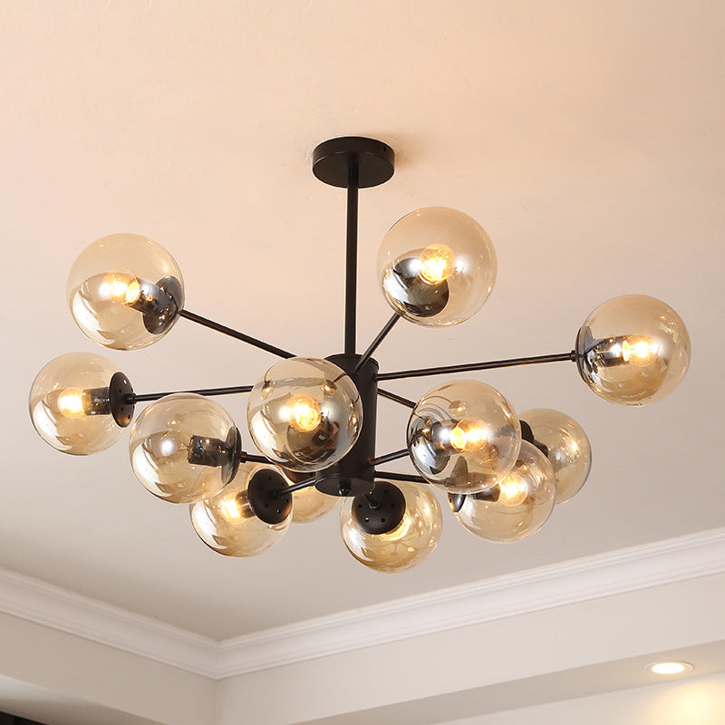 Modern Metal Hanging Chandelier Light Spherical Glass Shade Suspension Light in Black for Bedroom 12 Black Amber Clearhalo 'Ceiling Lights' 'Chandeliers' Lighting' 2605321