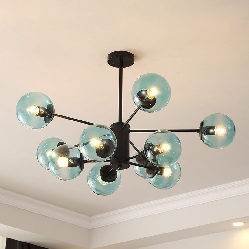 Modern Metal Hanging Chandelier Light Spherical Glass Shade Suspension Light in Black for Bedroom 10 Black Blue Clearhalo 'Ceiling Lights' 'Chandeliers' Lighting' 2605322