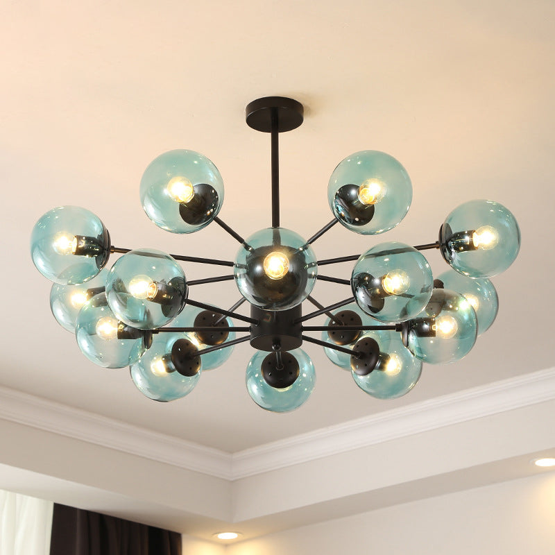 Modern Metal Hanging Chandelier Light Spherical Glass Shade Suspension Light in Black for Bedroom 16 Black Blue Clearhalo 'Ceiling Lights' 'Chandeliers' Lighting' 2605324