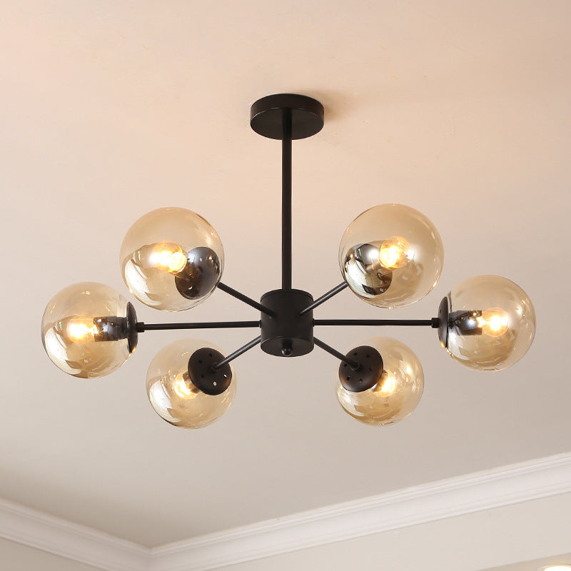 Modern Metal Hanging Chandelier Light Spherical Glass Shade Suspension Light in Black for Bedroom 6 Black Amber Clearhalo 'Ceiling Lights' 'Chandeliers' Lighting' 2605331