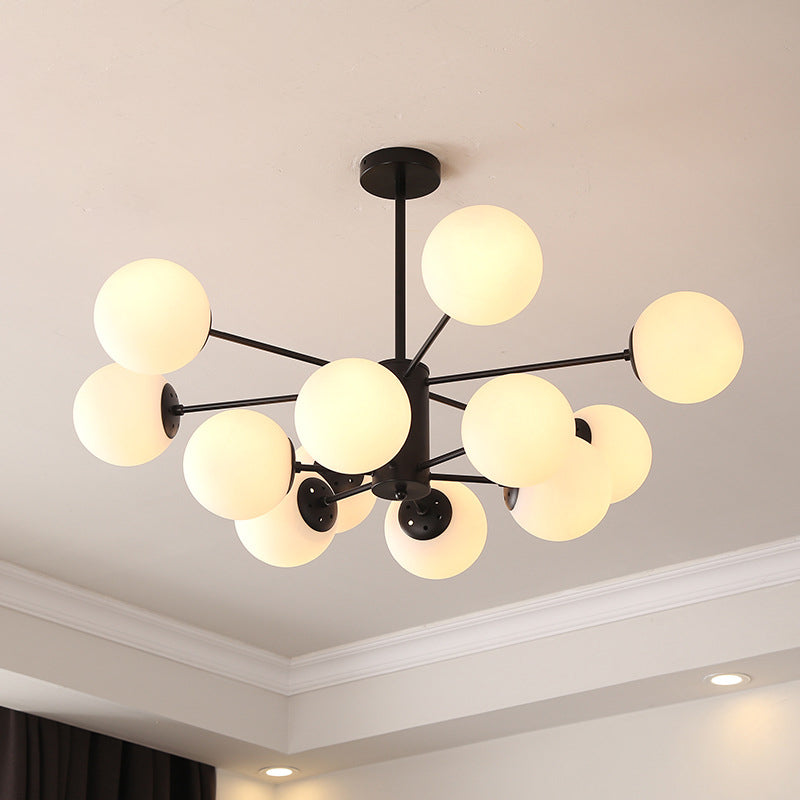 Modern Metal Hanging Chandelier Light Spherical Glass Shade Suspension Light in Black for Bedroom 12 Black Milk White Clearhalo 'Ceiling Lights' 'Chandeliers' Lighting' 2605332