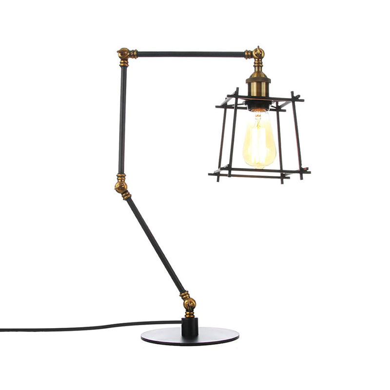 Metal Trapezoid Cage Table Lamp Vintage Style 1 Head Black/Brass Finish Table Lighting with Adjustable Arm Clearhalo 'Lamps' 'Table Lamps' Lighting' 260535