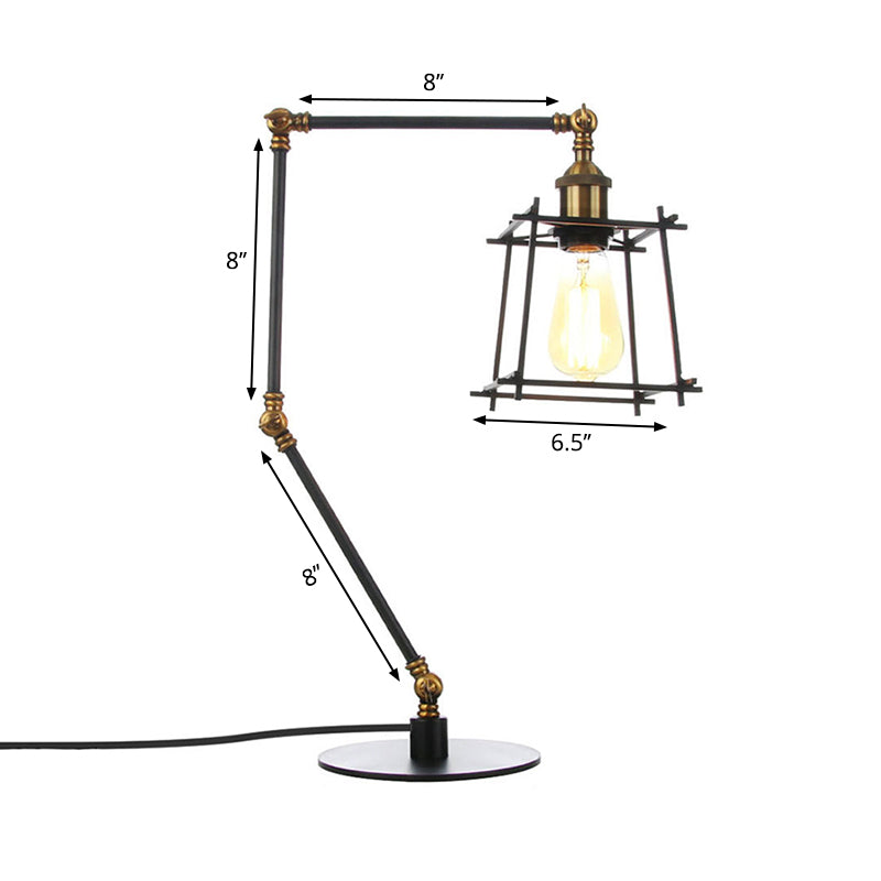 Metal Trapezoid Cage Table Lamp Vintage Style 1 Head Black/Brass Finish Table Lighting with Adjustable Arm Clearhalo 'Lamps' 'Table Lamps' Lighting' 260536