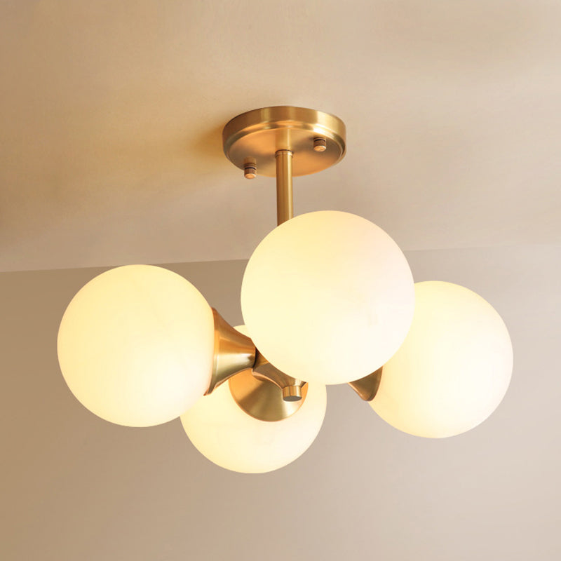 Post-Modern Metal Hanging Chandelier Light Opal Glass Shade 4 Light Ceiling Chandelier in Gold for Bedroom Clearhalo 'Ceiling Lights' 'Chandeliers' Lighting' 2605360