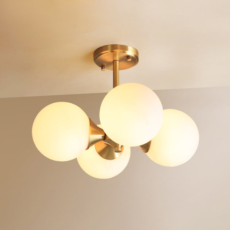 Post-Modern Metal Hanging Chandelier Light Opal Glass Shade 4 Light Ceiling Chandelier in Gold for Bedroom Gold Clearhalo 'Ceiling Lights' 'Chandeliers' Lighting' 2605361