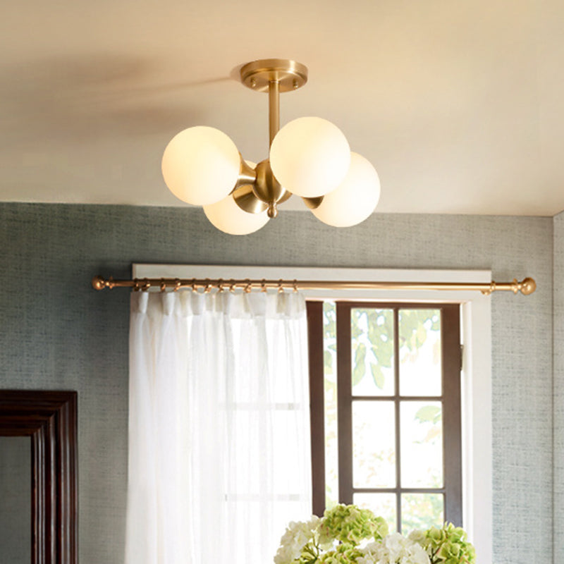 Post-Modern Metal Hanging Chandelier Light Opal Glass Shade 4 Light Ceiling Chandelier in Gold for Bedroom Clearhalo 'Ceiling Lights' 'Chandeliers' Lighting' 2605363