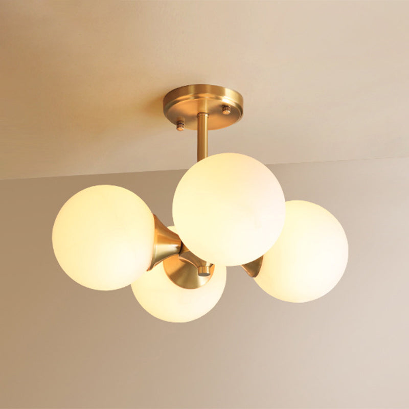 Post-Modern Metal Hanging Chandelier Light Opal Glass Shade 4 Light Ceiling Chandelier in Gold for Bedroom Clearhalo 'Ceiling Lights' 'Chandeliers' Lighting' 2605367