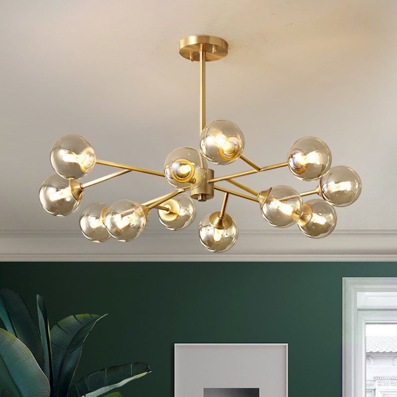 Post-Modern Metal Hanging Chandelier Light Amber Glass Shade Ceiling Chandelier in Gold for Bedroom Clearhalo 'Ceiling Lights' 'Chandeliers' Lighting' 2605369