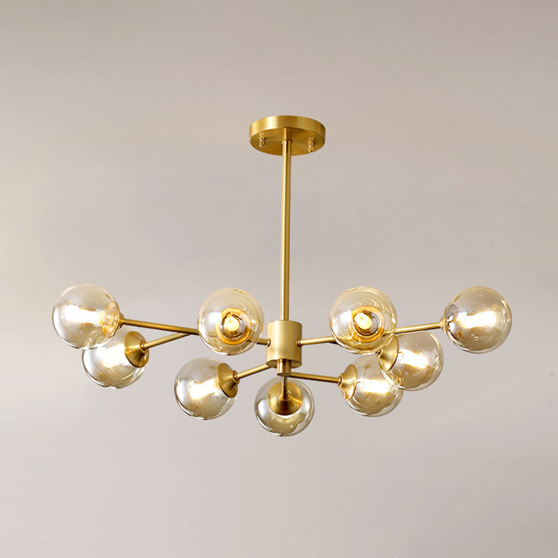 Post-Modern Metal Hanging Chandelier Light Amber Glass Shade Ceiling Chandelier in Gold for Bedroom 9 Gold Clearhalo 'Ceiling Lights' 'Chandeliers' Lighting' 2605371