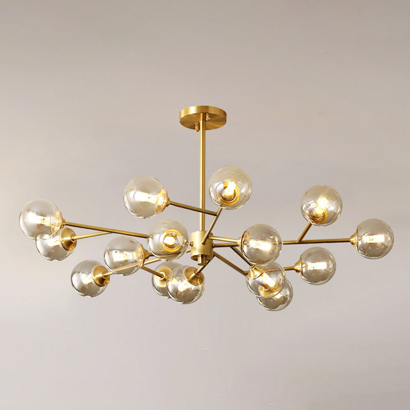 Post-Modern Metal Hanging Chandelier Light Amber Glass Shade Ceiling Chandelier in Gold for Bedroom 15 Gold Clearhalo 'Ceiling Lights' 'Chandeliers' Lighting' 2605373