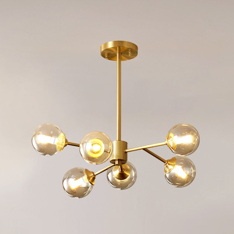 Post-Modern Metal Hanging Chandelier Light Amber Glass Shade Ceiling Chandelier in Gold for Bedroom 6 Gold Clearhalo 'Ceiling Lights' 'Chandeliers' Lighting' 2605375