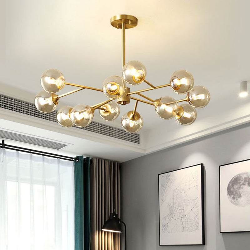 Post-Modern Metal Hanging Chandelier Light Amber Glass Shade Ceiling Chandelier in Gold for Bedroom Clearhalo 'Ceiling Lights' 'Chandeliers' Lighting' 2605376