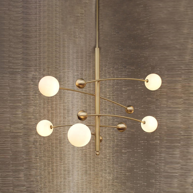 Post-Modern Hanging Chandelier Light Opal Glass Shade 5 Light Ceiling Chandelier in Gold for Bedroom Clearhalo 'Ceiling Lights' 'Chandeliers' Lighting' 2605380