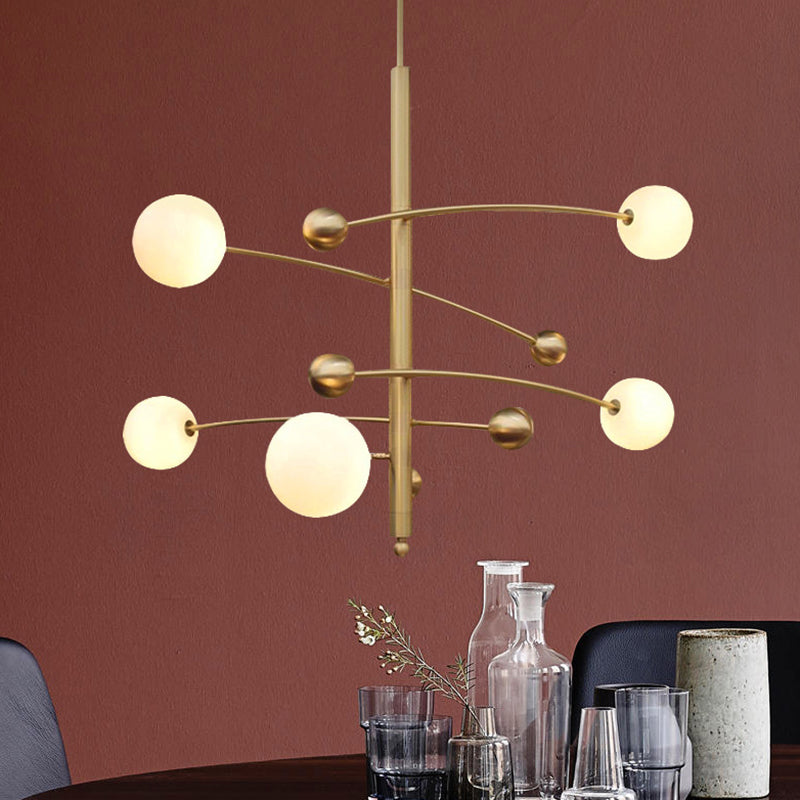 Post-Modern Hanging Chandelier Light Opal Glass Shade 5 Light Ceiling Chandelier in Gold for Bedroom Clearhalo 'Ceiling Lights' 'Chandeliers' Lighting' 2605381