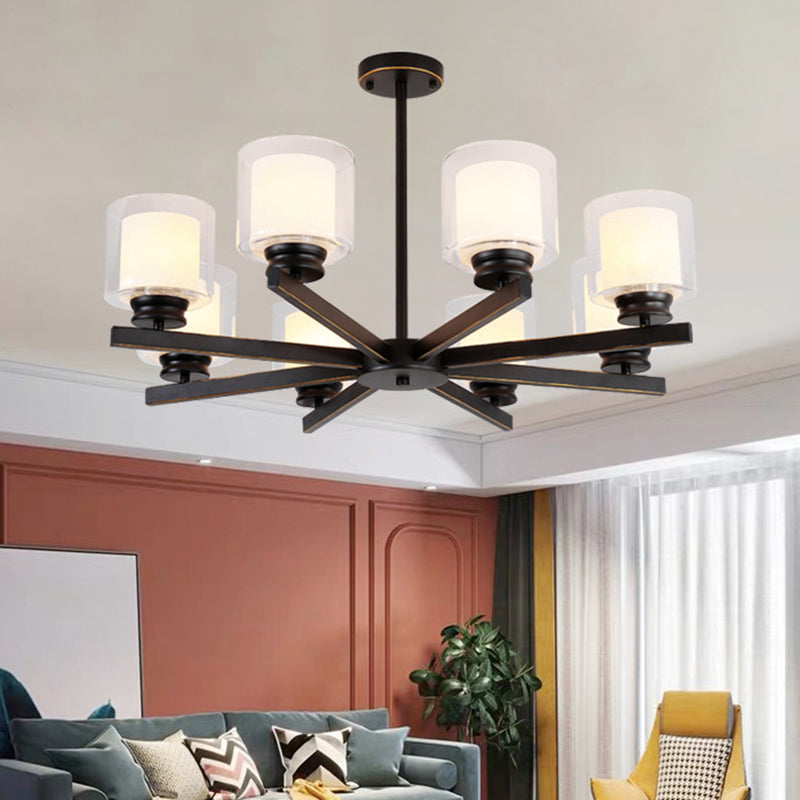 Contemporary Metal Hanging Chandelier Light Cylinder Glass Shade Suspension Light for Bedroom Clearhalo 'Ceiling Lights' 'Chandeliers' Lighting' 2605390