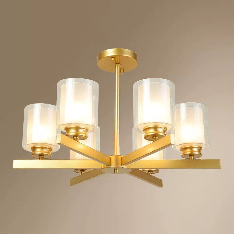 Contemporary Metal Hanging Chandelier Light Cylinder Glass Shade Suspension Light for Bedroom 6 Gold Clearhalo 'Ceiling Lights' 'Chandeliers' Lighting' 2605396