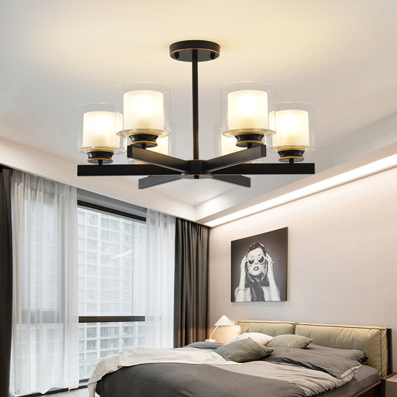 Contemporary Metal Hanging Chandelier Light Cylinder Glass Shade Suspension Light for Bedroom Clearhalo 'Ceiling Lights' 'Chandeliers' Lighting' 2605397