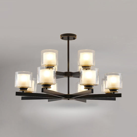 Contemporary Metal Hanging Chandelier Light Cylinder Glass Shade Suspension Light for Bedroom 12 Black Clearhalo 'Ceiling Lights' 'Chandeliers' Lighting' 2605398