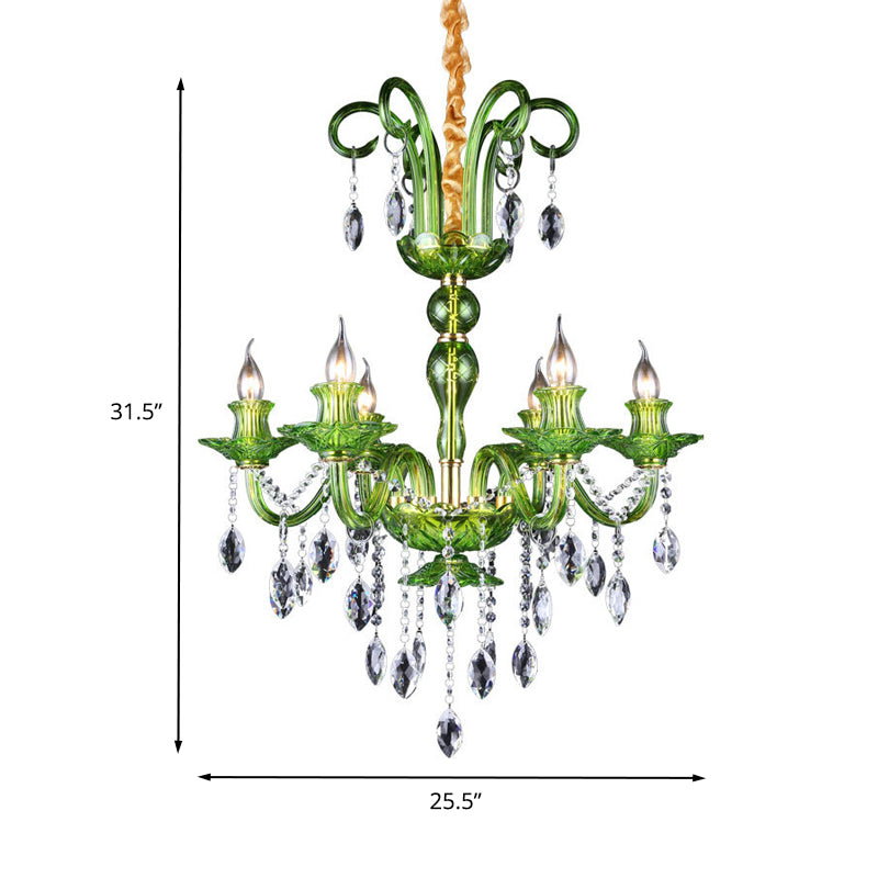 Candle Green Glass Chandelier Lamp Traditional 6 Heads Dining Room Hanging Ceiling Light with Crystal Drip Decoration Clearhalo 'Ceiling Lights' 'Chandeliers' Lighting' options 260543