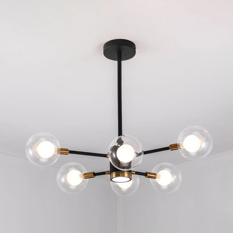 Modern Metal Radial Hanging Chandelier Light Spherical Clear Glass Shade Suspension Light in Black 6 Black Clearhalo 'Ceiling Lights' 'Chandeliers' Lighting' 2605430