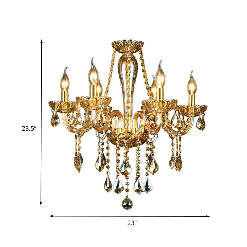 6 Heads Gold Glass Hanging Ceiling Light Traditional Candle Living Room Chandelier Lighting with Crystal Drop Clearhalo 'Ceiling Lights' 'Chandeliers' Lighting' options 260544