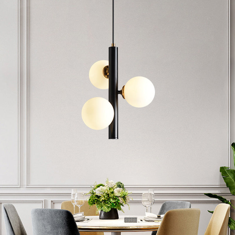 Modern Minimalist Linear Chandelier Light Fixture Spherical White Glass 3 Light Ceiling Chandelier Black Clearhalo 'Ceiling Lights' 'Chandeliers' Lighting' 2605457