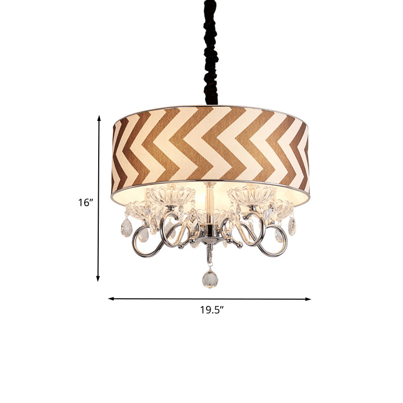 Drum Beige Fabric Chandelier Lamp Traditional 5 Heads Bedroom Hanging Light Fixture with Crystal Drop Clearhalo 'Ceiling Lights' 'Chandeliers' Lighting' options 260557