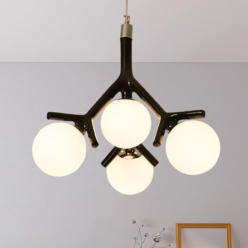 Global White Glass Chandelier with Branch Design Contemporary 4 Lights White/Black/Red Hanging Ceiling Fixture Black Clearhalo 'Ceiling Lights' 'Chandeliers' 'Glass shade' 'Glass' 'Modern Chandeliers' 'Modern' Lighting' 260569