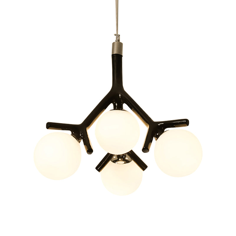 Global White Glass Chandelier with Branch Design Contemporary 4 Lights White/Black/Red Hanging Ceiling Fixture Clearhalo 'Ceiling Lights' 'Chandeliers' 'Glass shade' 'Glass' 'Modern Chandeliers' 'Modern' Lighting' 260571