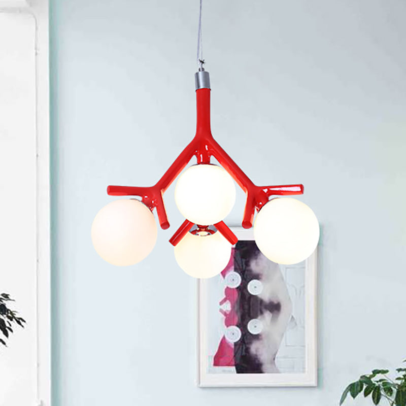 Global White Glass Chandelier with Branch Design Contemporary 4 Lights White/Black/Red Hanging Ceiling Fixture Red Clearhalo 'Ceiling Lights' 'Chandeliers' 'Glass shade' 'Glass' 'Modern Chandeliers' 'Modern' Lighting' 260573