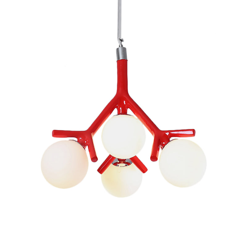 Global White Glass Chandelier with Branch Design Contemporary 4 Lights White/Black/Red Hanging Ceiling Fixture Clearhalo 'Ceiling Lights' 'Chandeliers' 'Glass shade' 'Glass' 'Modern Chandeliers' 'Modern' Lighting' 260574