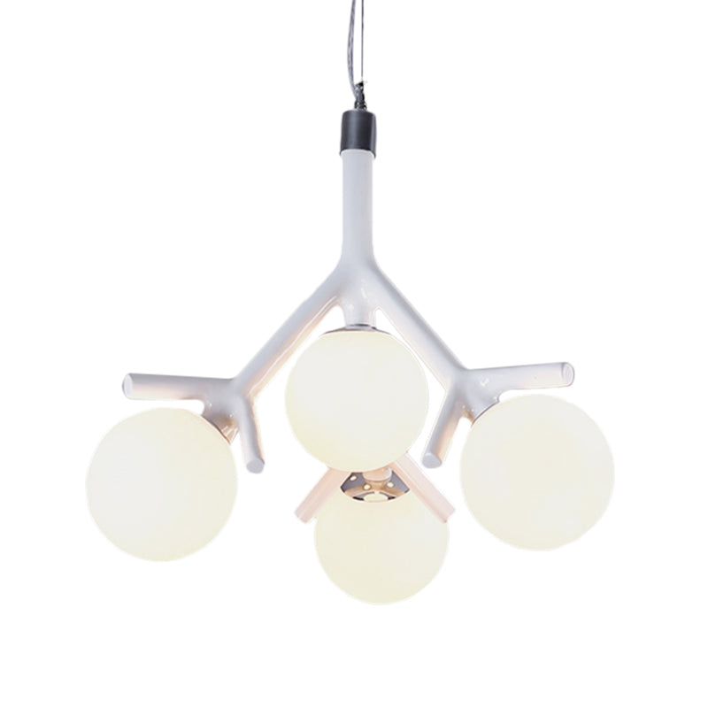 Global White Glass Chandelier with Branch Design Contemporary 4 Lights White/Black/Red Hanging Ceiling Fixture Clearhalo 'Ceiling Lights' 'Chandeliers' 'Glass shade' 'Glass' 'Modern Chandeliers' 'Modern' Lighting' 260576