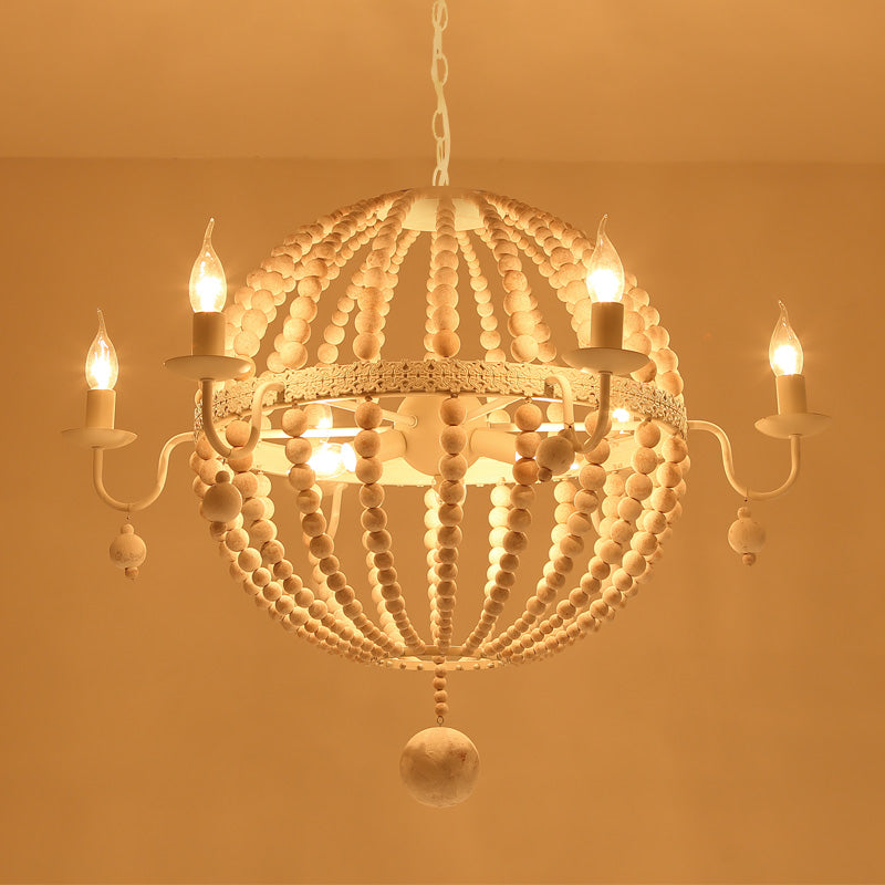 Cottage Sphere Beaded Chandelier 25.5"/31" Dia 9-Light White Wood Suspended Lighting Fixture Clearhalo 'Ceiling Lights' 'Chandeliers' Lighting' options 260637