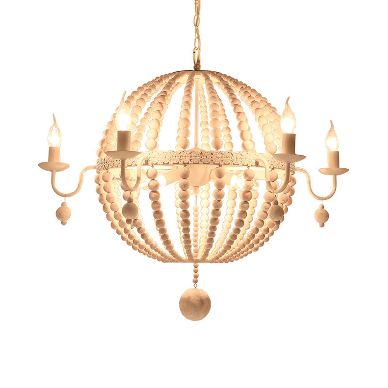 Cottage Sphere Beaded Chandelier 25.5"/31" Dia 9-Light White Wood Suspended Lighting Fixture Clearhalo 'Ceiling Lights' 'Chandeliers' Lighting' options 260640