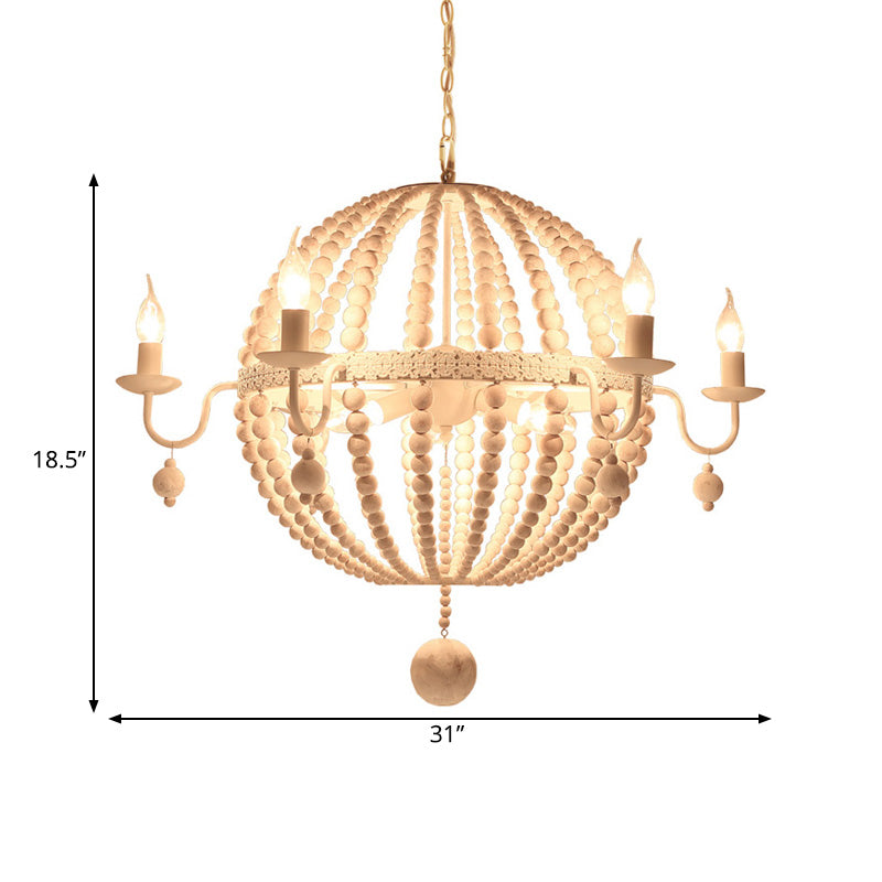 Cottage Sphere Beaded Chandelier 25.5"/31" Dia 9-Light White Wood Suspended Lighting Fixture Clearhalo 'Ceiling Lights' 'Chandeliers' Lighting' options 260641