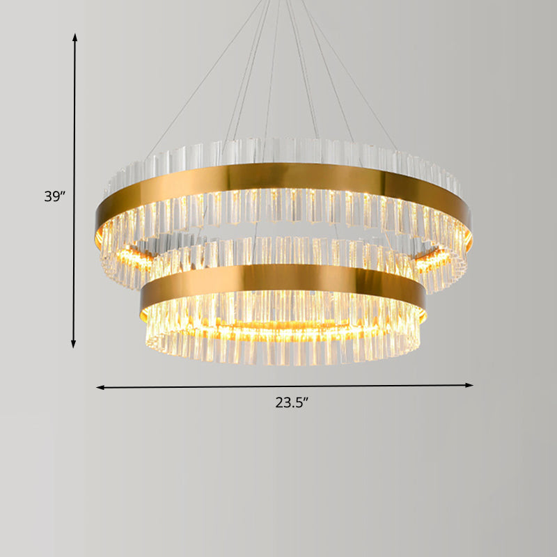 2 Tiers Living Room Hanging Lamp Three Side Crystal Rod Postmodern 23.5"/31.5" Wide LED Hanging Light in Gold Clearhalo 'Ceiling Lights' 'Chandeliers' 'Modern Chandeliers' 'Modern' Lighting' 260647