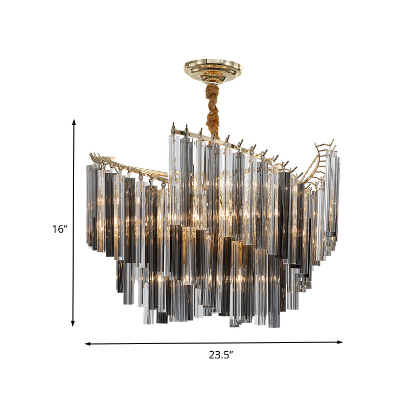 Postmodern Spiral Chandelier Lighting Smoke Gray Tri-Side Crystal Rod 5/10 Heads Living Room Hanging Lamp Clearhalo 'Ceiling Lights' 'Chandeliers' 'Modern Chandeliers' 'Modern' Lighting' 260659