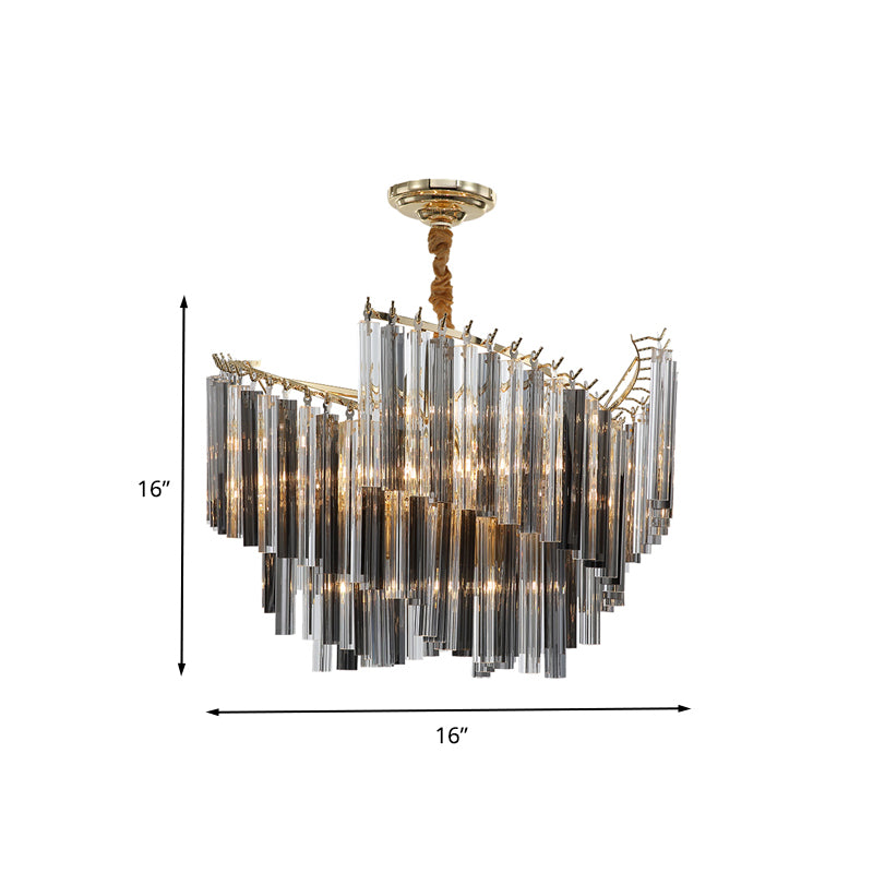 Postmodern Spiral Chandelier Lighting Smoke Gray Tri-Side Crystal Rod 5/10 Heads Living Room Hanging Lamp Clearhalo 'Ceiling Lights' 'Chandeliers' 'Modern Chandeliers' 'Modern' Lighting' 260660