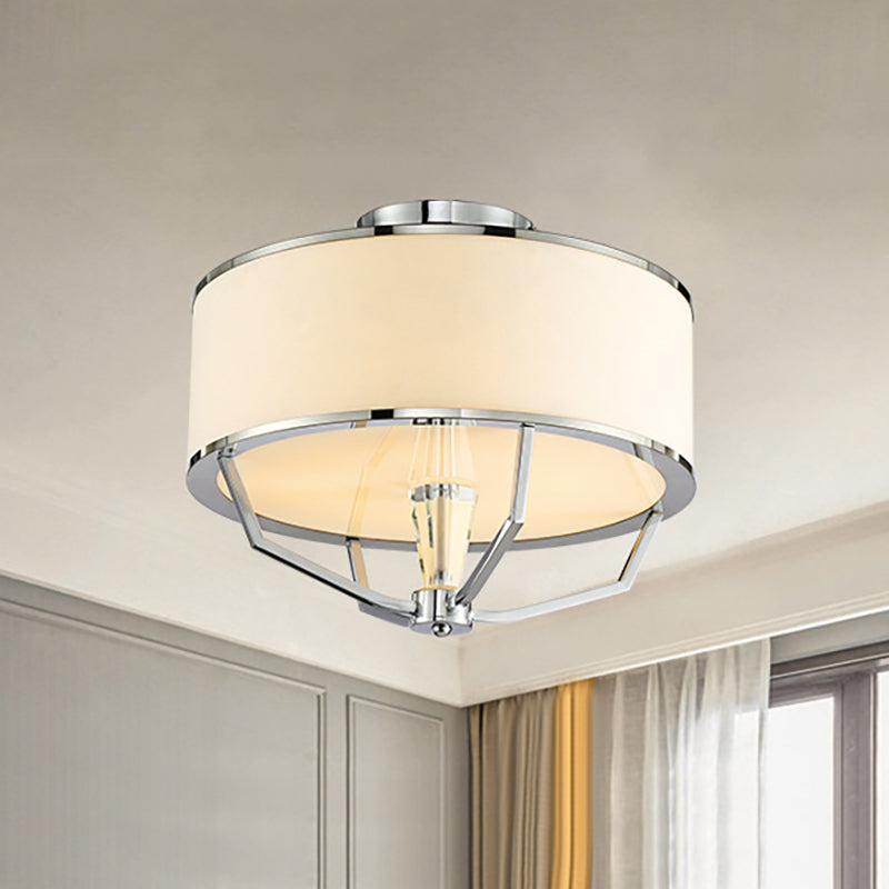 Modern Drum Semi Ceiling Flushmount Light with White Fabric Shade 5 Lights Semi Flush Lamp in Chrome White Clearhalo 'Ceiling Lights' 'Close To Ceiling Lights' 'Close to ceiling' 'Semi-flushmount' Lighting' 260666