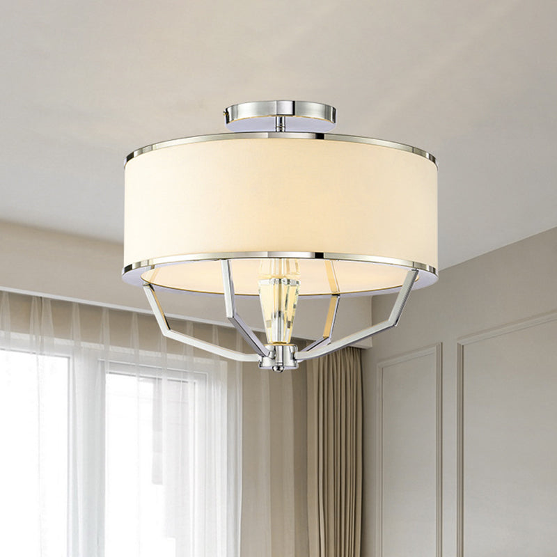 Modern Drum Semi Ceiling Flushmount Light with White Fabric Shade 5 Lights Semi Flush Lamp in Chrome Clearhalo 'Ceiling Lights' 'Close To Ceiling Lights' 'Close to ceiling' 'Semi-flushmount' Lighting' 260667