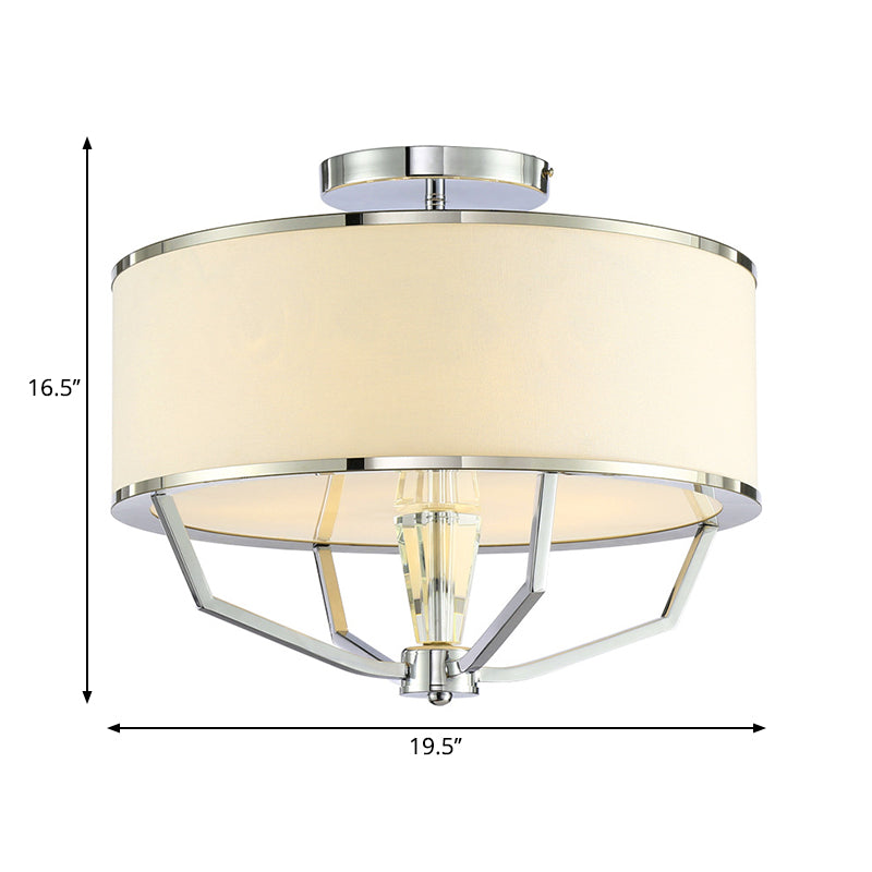 Modern Drum Semi Ceiling Flushmount Light with White Fabric Shade 5 Lights Semi Flush Lamp in Chrome Clearhalo 'Ceiling Lights' 'Close To Ceiling Lights' 'Close to ceiling' 'Semi-flushmount' Lighting' 260669