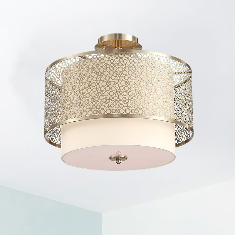 3 Bulbs Cylinder Flush Lamp with Metal Carved Shade Vintage Ceiling Flush Mount Light in Gold Gold Clearhalo 'Ceiling Lights' 'Close To Ceiling Lights' 'Close to ceiling' 'Semi-flushmount' Lighting' 260680